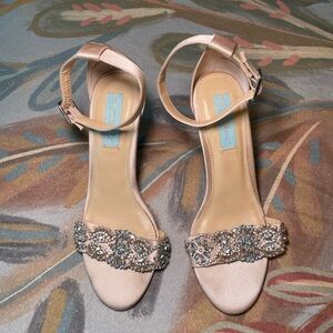 Womens Betsey Johnson Gina Embellished Ankle Strap Dress Sandals, Champagne